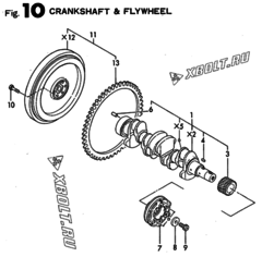  Двигатель Yanmar 4JH2LTE-K, узел -  Коленвал и маховик 