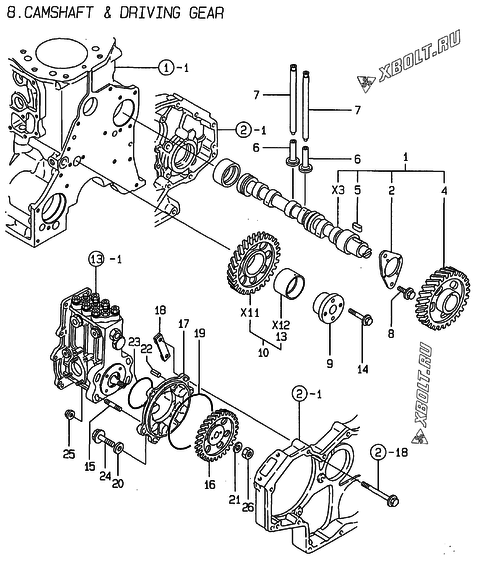  Распредвал и приводная шестерня двигателя Yanmar 3TN100TE-NS