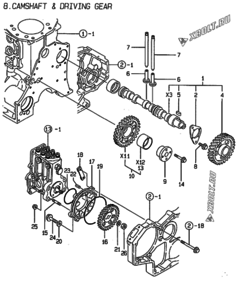 Двигатель Yanmar 3TN100TE-NS, узел -  Распредвал и приводная шестерня 