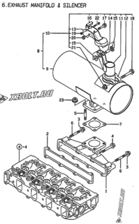  Двигатель Yanmar 4TNE84-ADCL, узел -  Выпускной коллектор и глушитель 