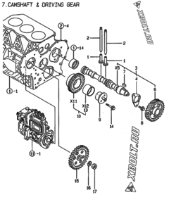 Двигатель Yanmar 3TNE82A-AF, узел -  Распредвал и приводная шестерня 