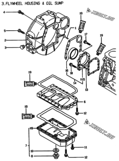  Двигатель Yanmar 3TNE78AC-EKG, узел -  Маховик с кожухом и масляным картером 