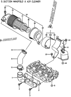  Двигатель Yanmar 3TNE74-LT, узел -  Впускной коллектор и воздушный фильтр 