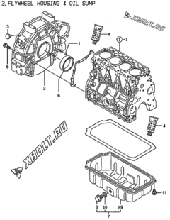  Двигатель Yanmar 4TNE94-ACG, узел -  Маховик с кожухом и масляным картером 