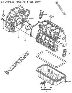  Двигатель Yanmar 4TNE98-ACG, узел -  Маховик с кожухом и масляным картером 