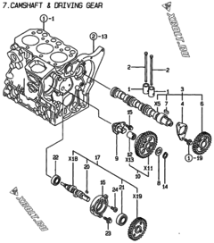  Двигатель Yanmar 3TNE74C-MP, узел -  Распредвал и приводная шестерня 