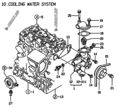  Двигатель Yanmar 3TNE74C-MP, узел -  Система водяного охлаждения 