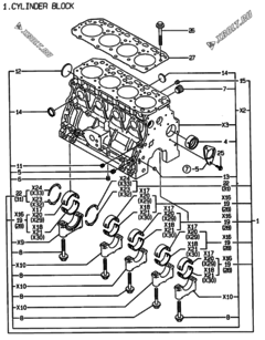  Двигатель Yanmar 4TNE88-EHP, узел -  Блок цилиндров 