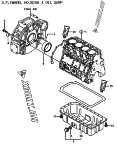  Двигатель Yanmar 4TNE106-AMM, узел -  Маховик с кожухом и масляным картером 