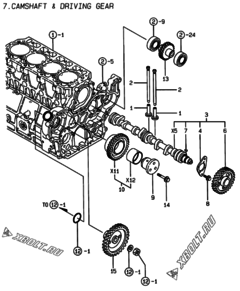  Двигатель Yanmar 4TNE106-AMM, узел -  Распредвал и приводная шестерня 