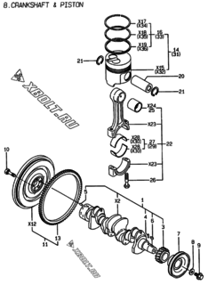 Двигатель Yanmar 4TNE98-AMM, узел -  Коленвал и поршень 