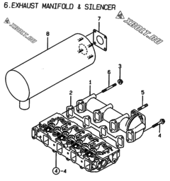  Двигатель Yanmar 4TNE88-EPD, узел -  Выпускной коллектор и глушитель 