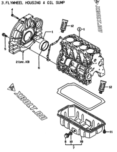  Двигатель Yanmar 4TNE94-DBWK, узел -  Маховик с кожухом и масляным картером 