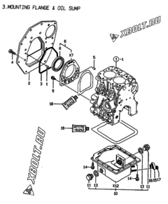  Двигатель Yanmar 2TNE68C-EBG, узел -  Крепежный фланец и масляный картер 