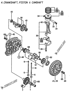  Двигатель Yanmar L40AE-DCV, узел -  Коленвал, поршень и распредвал 