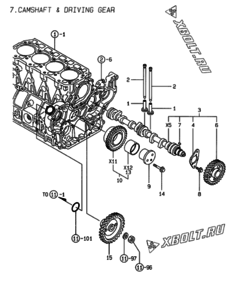  Двигатель Yanmar 4TNE94-DBK, узел -  Распредвал и приводная шестерня 