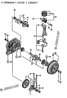  Двигатель Yanmar L100EEDEVMK1, узел -  Коленвал, поршень и распредвал 
