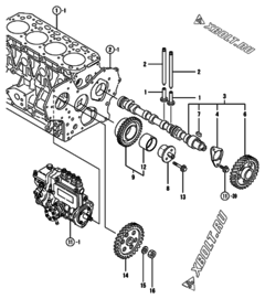  Двигатель Yanmar 4TNE84-BAG, узел -  Распредвал и приводная шестерня 
