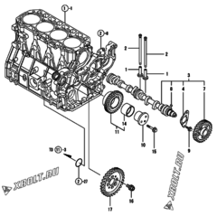  Двигатель Yanmar 4TNV98-XDB, узел -  Распредвал и приводная шестерня 