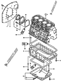  Двигатель Yanmar 4TNV84-KVA, узел -  Крепежный фланец и масляный картер 