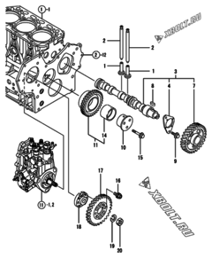  Двигатель Yanmar 3TNV88-SNS, узел -  Распредвал и приводная шестерня 