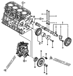  Двигатель Yanmar 4TNV88-GKM, узел -  Распредвал и приводная шестерня 