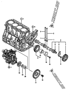  Двигатель Yanmar 4TNV94L-VLX, узел -  Распредвал и приводная шестерня 