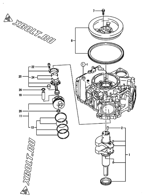  Коленвал и поршень двигателя Yanmar 2V750-CVWS