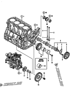  Двигатель Yanmar 4TNV98-NKTC, узел -  Распредвал и приводная шестерня 
