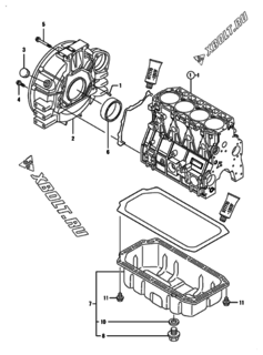  Двигатель Yanmar 4TNV94L-PDBWK, узел -  Маховик с кожухом и масляным картером 