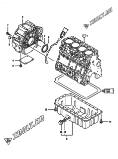  Двигатель Yanmar 4TNV106-GGE, узел -  Маховик с кожухом и масляным картером 