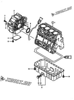  Двигатель Yanmar 4TNV106T-GGEA, узел -  Маховик с кожухом и масляным картером 
