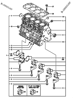  Двигатель Yanmar 4TNV88-BDSAT, узел -  Блок цилиндров 