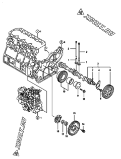  Двигатель Yanmar 4TNV106-GGE2, узел -  Распредвал и приводная шестерня 
