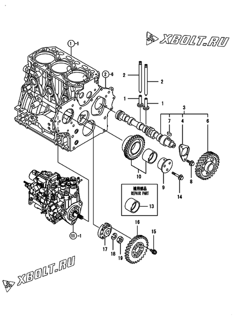  Распредвал и приводная шестерня двигателя Yanmar 3TNV88-GGEHC