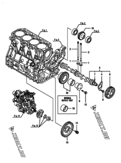  Двигатель Yanmar 4TNV98T-NKDC, узел -  Распредвал и приводная шестерня 