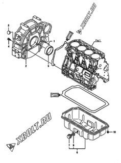  Двигатель Yanmar 4TNV98T-GPGEC, узел -  Маховик с кожухом и масляным картером 
