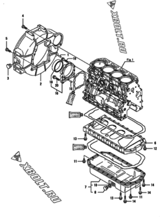  Двигатель Yanmar 4TNV88-BDWI, узел -  Маховик с кожухом и масляным картером 