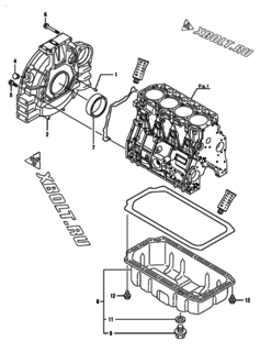  Двигатель Yanmar 4TNV94L-PLK2, узел -  Маховик с кожухом и масляным картером 